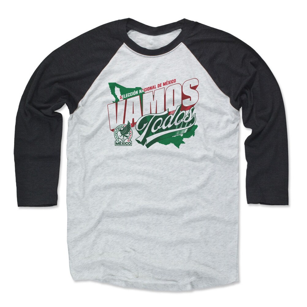 Shop mexico national team 500 level vamos todos 34-sleeve tri-blend baseball t-shirt – blackwhite – Mexico Football Shirts & World Cup Jerseys