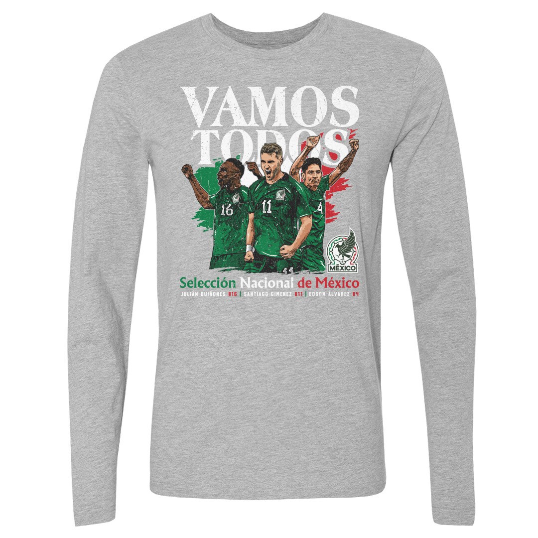 Shop mexico national team 500 level vamos todos julián quiñones santiago giménez amp edson Álvarez long sleeve t-shirt – heather gray – Mexico Football Shirts & World Cup Jerseys