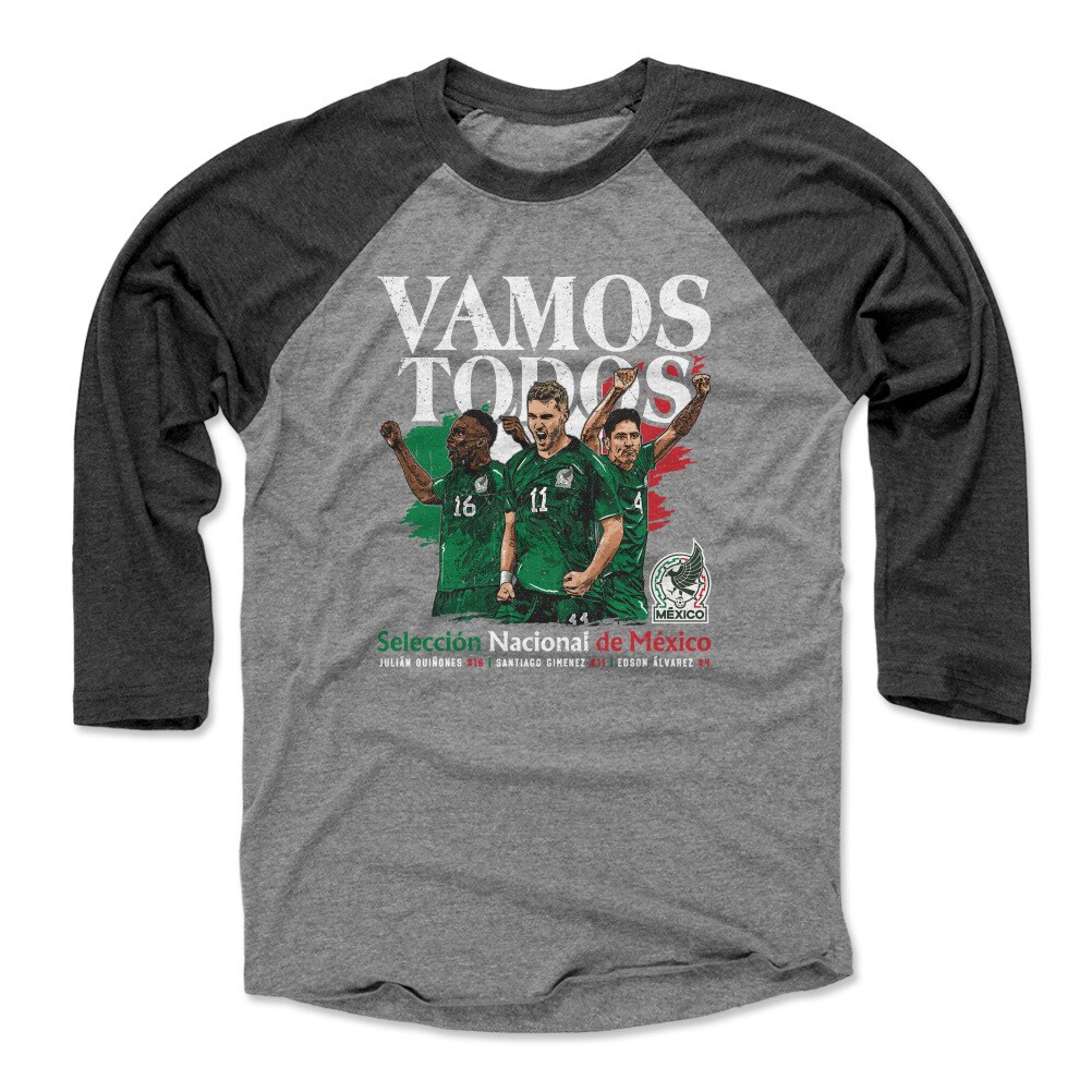 Shop mexico national team 500 level vamos todos julián quiñones santiago giménez amp edson Álvarez raglan 34-sleeve baseball t-shirt – black – Mexico Football Shirts & World Cup Jerseys