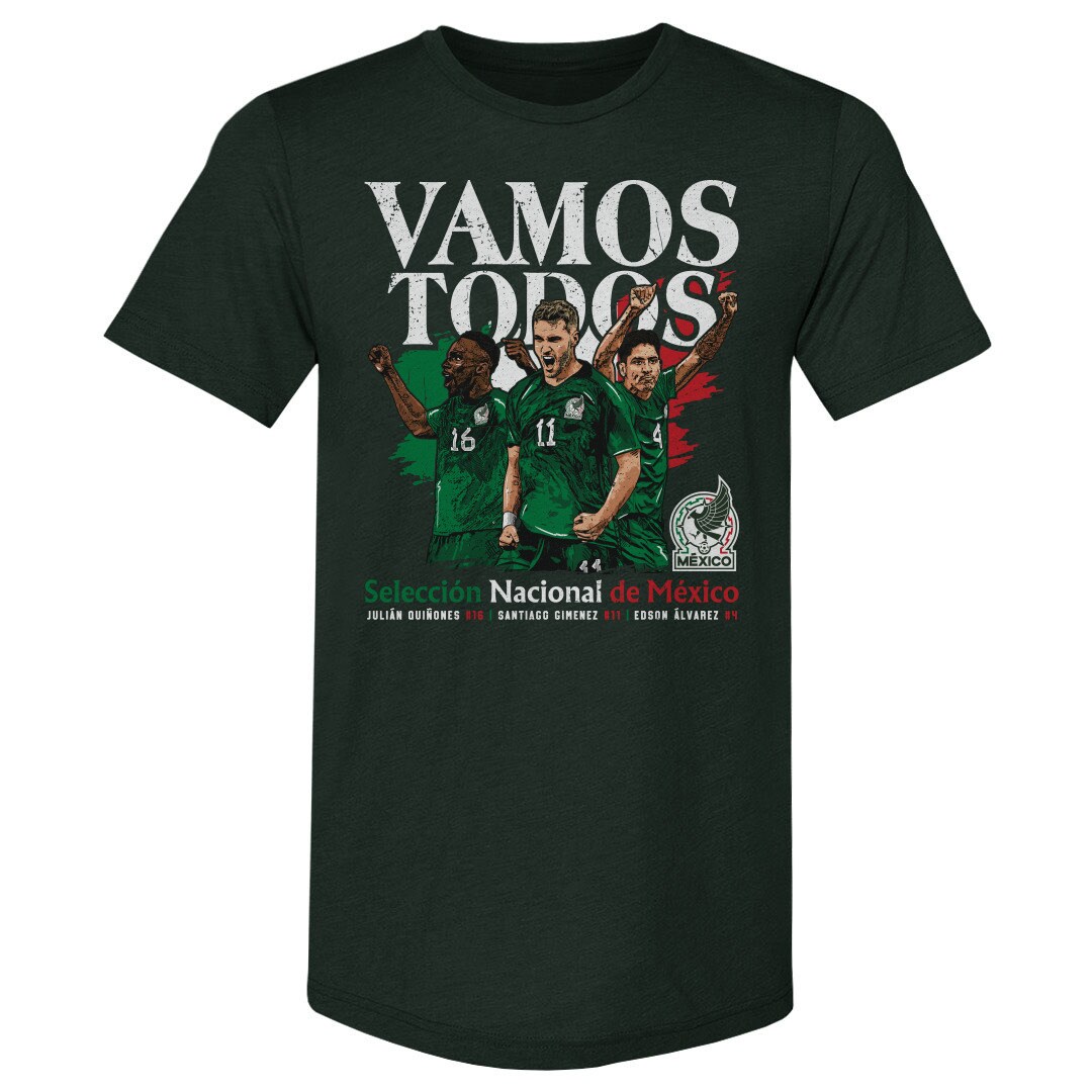 Shop mexico national team 500 level vamos todos julián quiñones santiago giménez amp edson Álvarez t-shirt – forest green – Mexico Football Shirts & World Cup Jerseys