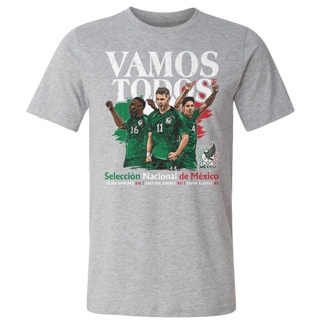 Shop mexico national team 500 level vamos todos julián quiñones santiago giménez amp edson Álvarez t-shirt – heather gray – Mexico Football Shirts & World Cup Jerseys