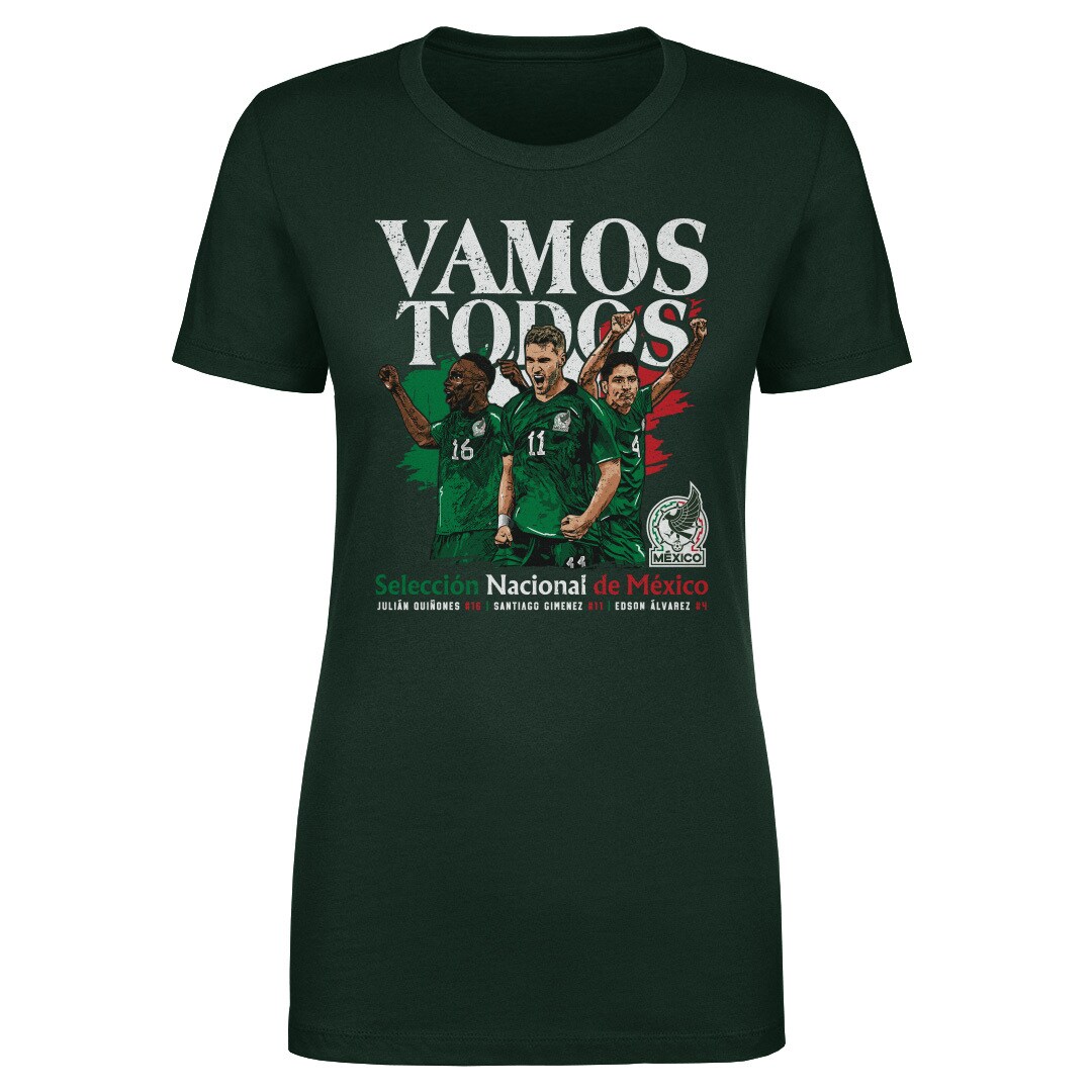 Shop mexico national team 500 level women8217s vamos todos julián quiñones santiago giménez amp edson Álvarez t-shirt – forest green – Mexico Football Shirts & World Cup Jerseys
