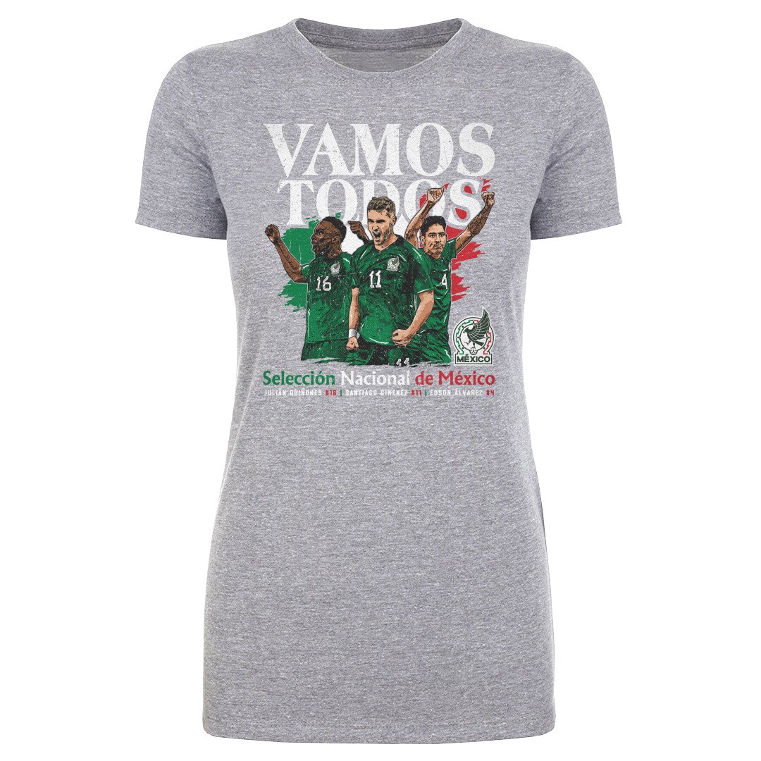 Shop mexico national team 500 level women8217s vamos todos julián quiñones santiago giménez amp edson Álvarez t-shirt – heather gray – Mexico Football Shirts & World Cup Jerseys