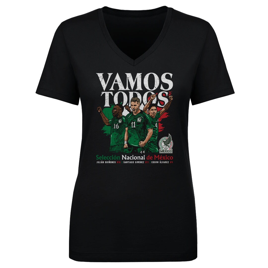 Shop mexico national team 500 level women8217s vamos todos julián quiñones santiago giménez amp edson Álvarez v-neck t-shirt – black – Mexico Football Shirts & World Cup Jerseys